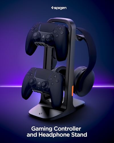 Spigen Gaming Controller and Headset Stand for PlayStation, Xbox, Nintendo Switch 2, Razer, Gaming Headphones and Headsets, Universal Desk Stand Mount, 2 Tiers with Storage Cable Organizer - Black