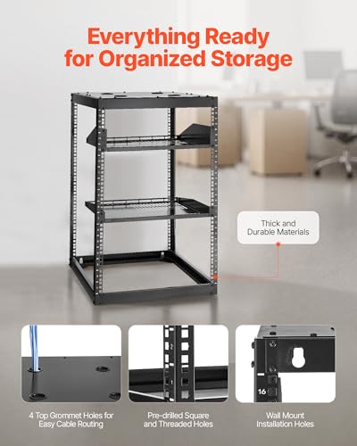 VEVOR 16U Open Frame Server Rack & Network Rack, Wall Mounted or Floor Standing, Heavy Duty 4 Post, with 2PCS Vented 1U Shelves & Mounting Hardware, Holds All 19'' Networking IT Equipment AV Gear - size: 16U Server Rack