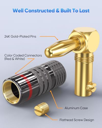 Right Angle Banana Plugs for Speaker Wire 6 Pairs/12 PCS, 90 Degree Speaker Banana Plugs Connector 24K Gold Plated for A/V Receiver, Amplifier, Sound System, Wall Plate, Home Theater - size: 6 Pairs(Right Angle)