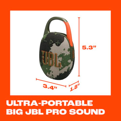JBL Clip 5 - Ultra-Portable Waterproof Speaker - Camo | Ultra-portable JBL Pro Sound, Redesigned carabiner, Up to 12 hours of playtime plus 3 hours with Playtime Boost - color: Squad