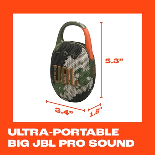 JBL Clip 5 - Ultra-Portable Waterproof Speaker - Camo | Ultra-portable JBL Pro Sound, Redesigned carabiner, Up to 12 hours of playtime plus 3 hours with Playtime Boost - color: Squad