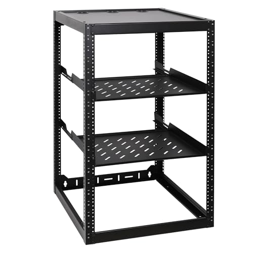 RackPath 20U Open Frame Network Rack with 2X 14in Vented 1U Shelves Rear Support, Wall Mount/Floor Standing Network Cabinet, Heavy Duty 150 lbs Capacity for IT & AV Gear, Audio and Video Device - size: 20U