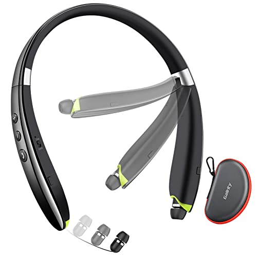 Bluetooth Headset, Neckband Bluetooth Headphones with Retractable Earbuds | 2026 Upgraded Noise Cancelling Stereo Earphones with Mic, Foldable Wireless Headphones for Sports Office w/Carry Case(Black) - color: Black