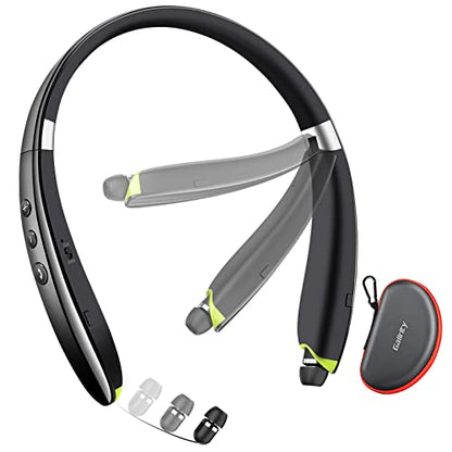 Bluetooth Headset, Neckband Bluetooth Headphones with Retractable Earbuds | 2026 Upgraded Noise Cancelling Stereo Earphones with Mic, Foldable Wireless Headphones for Sports Office w/Carry Case(Black) - color: Black