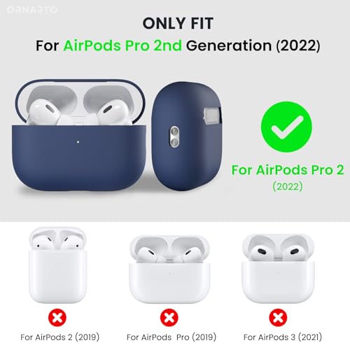 ORNARTO for AirPods Pro 2 Case, Hybrid Silicone, Dark Blue | Hybrid Silicone Rubber, Front LED Visible, Wireless Charging, Skin-Friendly Soft Touch, Anti-Scratch, Detachable Lanyard - color: Dark Blue