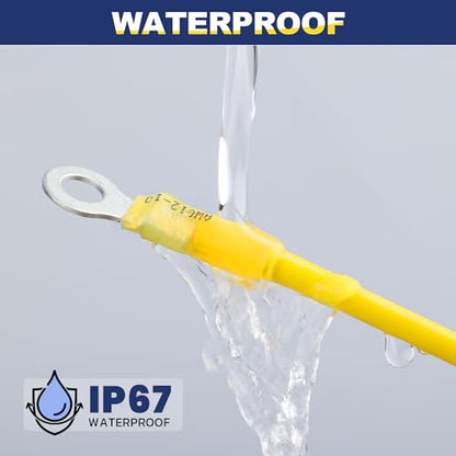 haisstronica 100PCS Heat Shrink Ring Terminals, 12-10 AWG, 3/8 in, Yellow | Battery and Ground Stud Connections, 1.0 mm Copper Barrel, 3:1 Adhesive-Lined Seal, Automotive Wiring Repairs, Ring Connector - color: Yellow, size: Ring 3/8"