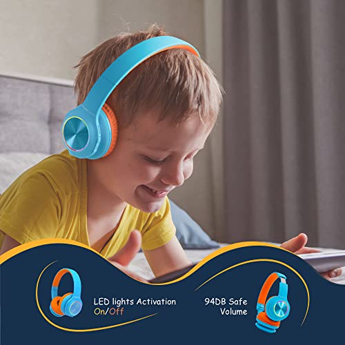 PowerLocus PLED Kids Bluetooth Headphones, Kids Wireless Headphones with LED Lights, 74/85/94dB Safe Volume, Micro SD, AUX Cable, Hi-Fi Stereo, Built-in Mic Over Ear Kid Headphone for Travel/Tablet/PC - color: Blue/Orange