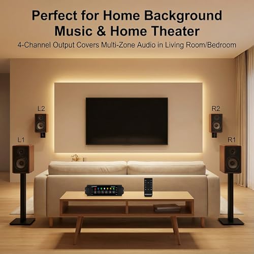 STUDIOFINIX 4-Channel Mini Amplifier with Wireless App & Infrared Remote Control, Bluetooth 5.0, USB/MIC/AUX/TWS Inputs and Power-Off Memory for Ceiling/Wall/Bookshelf/Garage