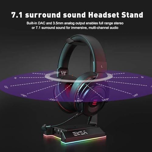 EKSA RGB Headset Stand, Headphone Stands with 7.1 Surround Sound & USB/3.5mm Port, Desk Gaming Headsets Holder with Aluminum Alloy Rod & Non-Slip Rubber Pad, Suitable for Most Gamer Desktop Earphones