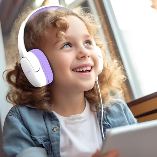Jimonyer Kids Headphones for School, 3.5mm Jack Wired Headphones for Kids with Safe Volume Limiter, HD Stereo Sound On-Ear Girls Boys Toddler Headphone for Tablet, iPad, Kindle(WhitePurple) - color: WhitePurple