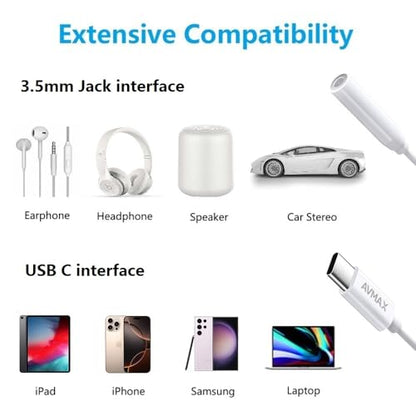 AVMAX USB C to 3.5mm Audio Headphone Adapter HiFi,Type c to Aux Female Cable for 16 15 Plus, S24 S23 S22 S21 S20 and More Type c Devices (Classic White1) - style: Classic White1