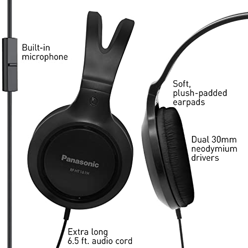 Panasonic Headphones, Lightweight Over The Ear Wired Headphones with Microphone, Sound and XBS for Extra Bass, Long Cord, 3.5mm Jack for Phones and Laptops – RP-HT161M (Black)