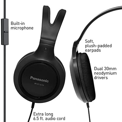 Panasonic Lightweight Over The Ear Wired Headphones with Microphone, Sound and XBS for Extra Bass, Long Cord, 3.5mm Jack for Phones and Laptops – RP-HT161M (Black) (Pack of 10) - size: 4.1 x 7.2 x 7.6 inches (Pack of 10), style: Over Ear - With Mic