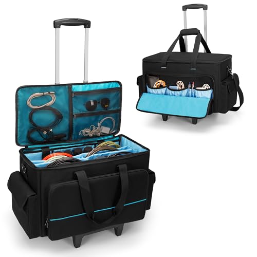 HODRANT Large Rolling DJ Cable Bag with Detachable Trolley & Divider | Padded Gig Bag, Music Gear Case with Multi Pockets for 15.6" Laptop, DJ Gear, Musical Instrument, Sound Equipment Storage