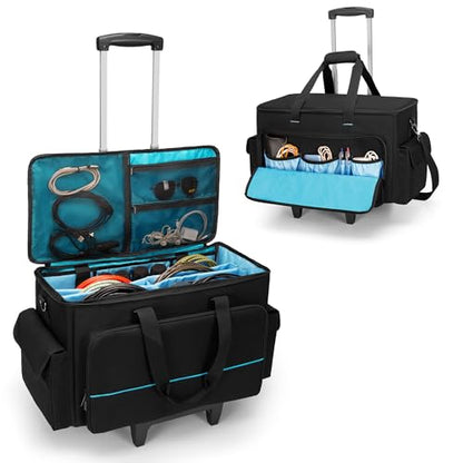 HODRANT Large Rolling DJ Cable Bag with Detachable Trolley & Divider | Padded Gig Bag, Music Gear Case with Multi Pockets for 15.6" Laptop, DJ Gear, Musical Instrument, Sound Equipment Storage
