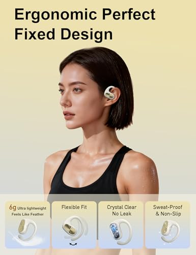 OBT-020 Open Ear Headphones, Bluetooth 5.3 Open Ear Earbuds Stereo Deep Bass, IPX5 Waterproof, 55H Playtime, Lightweight Comfort Wireless Earbuds Fit Sports, Running, Cycling, Workout, White