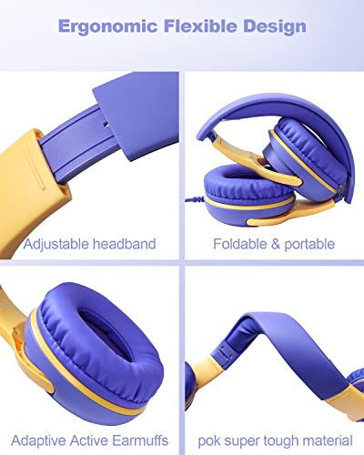 Kids Headphones Wired with Microphone for ipad Computer Laptop for Boys Girls Volume Limit Foldable Over Ear Headset for School 3.5mm Jack | 3.5mm Jack, HD Mic, Portable Wired Headphone with Shareport, Stereo Sound On-Ear Headphones for Toddler Girls Boys