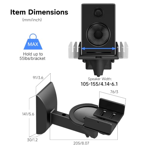 suptek Small Dual Side Clamping Bookshelf Speaker Wall Mounting Bracket for Small Surrounding Sound Speakers, Hold up to 55lbs Black SPM201SE - size: XS--black