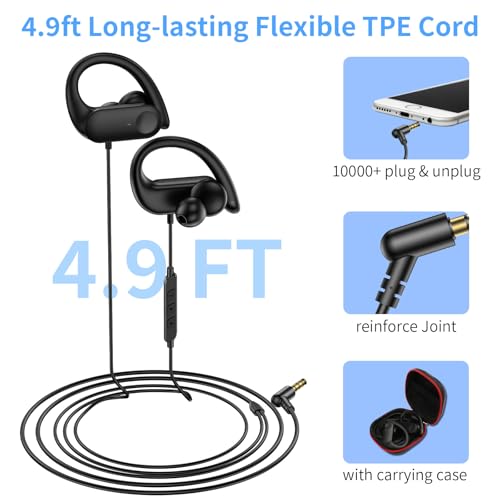 APETOO 3.5mm Sport Wired Earbuds with Over Earhook Mic & Volume Control 5ft | Workout Headphones, In-Line Control, HiFi Stereo In-ear Earphones for Samsung/Chromebook School Kid Tablet Airplane Travel