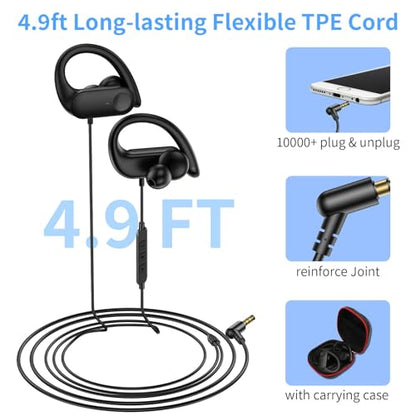 APETOO 3.5mm Sport Wired Earbuds with Over Earhook Mic & Volume Control 5ft | Workout Headphones, In-Line Control, HiFi Stereo In-ear Earphones for Samsung/Chromebook School Kid Tablet Airplane Travel