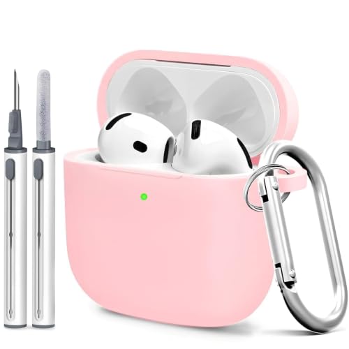 Silicone Case Cover for AirPods 4th Gen, Soft Skin, Full Protection, Keychain, Cleaner Kit (Pink) - color: A4-Pink