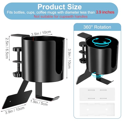 3 in 1 Desk Cup Holder Clamp, Clip On Table Cup Holder with Headphone Hook | Rotatable Water Bottle Drink Coffee Mug Organizer with Power Strip Holder, Gaming Accessories for Home and Office - color: With Power Strip Holder