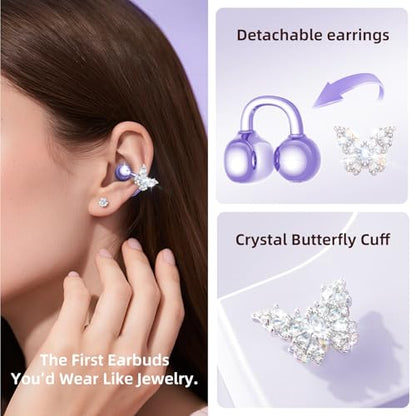 Kinglucky Gen2 Clip-On Earbuds with Butterfly Earrings, Charge & Store Without Removing Earrings, Comfortable Fit & 40H Playtime Bluetooth Open Ear Headphones for Women, Small Ears, Gifts (Purple) - color: Purple