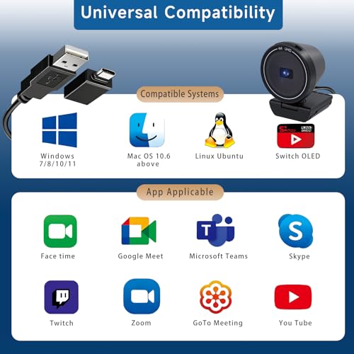 4K USB Webcam for Desktop Laptop, Auto Focus 85° Wide Angle Camera with Built-in Speaker, Dual Noise Cancelling Mics & Privacy Cover, Plug and Play