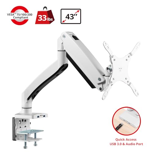 SIIG Single Monitor Desk Mount, 17"-43", 33 lbs, VESA 75/100, CE-MT3111-S1 | Mount one monitor on a desk from 17"-43" up to 33 lbs; C-clamp and grommet mounting confirm desk fit.