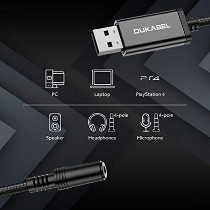 USB Headphone Adapter, External Sound Card for PC, PS4, PS5-2.4M | TRRS-Mic Supported, DAC Chip, 16bit/48KHz, Compatible with Windows, PC, Laptop, Mac, Linux, Desktops, PS4, PS5 - size: 2.4Meters