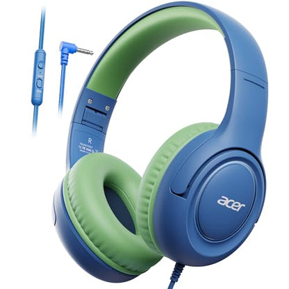 Acer Kids Headphones for School, 85-94dB Limiter, 3.5mm Jack, w/Mic HK03 | Foldable Wired Over Ear Headphones, for Toddler School/Tablet/iPad/PC/Travel, Blue-Green - color: Blue Green