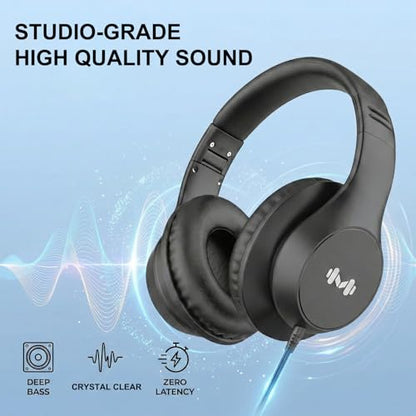 Wired Over-Ear Headphones, Mic, 3.5mm Jack, USB-C Adapter, Black | Foldable over-ear headphones with soft cushions, inline mic, 3.5mm jack, and USB-C adapter for school, office, and travel. - color: Black