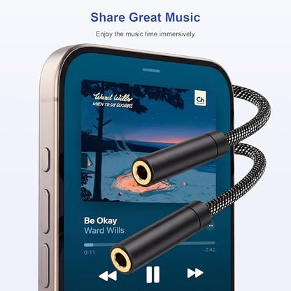 2 Pcs 3.5mm Headphone Splitter, Hi-Fi Stereo Audio Y Splitter 1 Male to 2 Female, Nylon Braided Headphone Extension Cable Compatible with Phone, Tablet, Laptop, PS4, Switch
