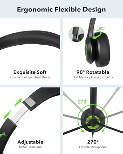 JIAMQISHI USB Headset with Mic for PC, On-Ear Computer Laptop Headphones with Noise Cancelling Microphone in-line Control for Home Office Online Class (USB+3.5mm, Green) - color: Green, style: USB+3.5mm