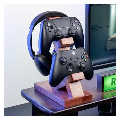 Solid Wood Headset Stand with Gaming Controller Holder, Desktop Gaming Accessory