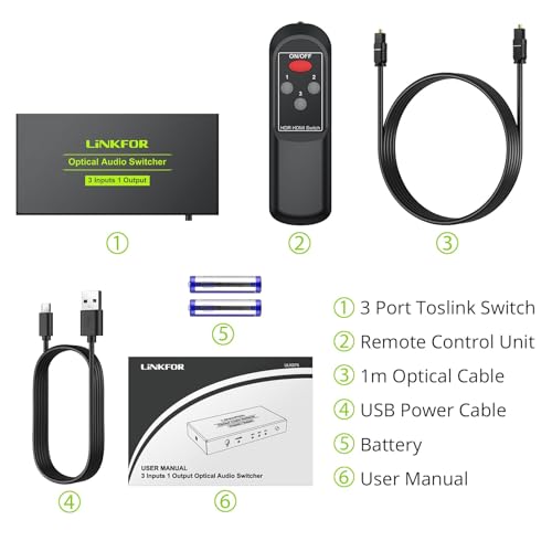 LiNKFOR Digital Optical Audio 3x1 Switch, 1 in 4 Out Aluminum Alloy with Optical Cable for PS3, Blue-Ray, DVD, HDTV (3x1 Switch)