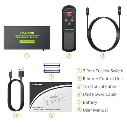 LiNKFOR Digital Optical Audio 3x1 Switch, 1 in 4 Out Aluminum Alloy with Optical Cable for PS3, Blue-Ray, DVD, HDTV (3x1 Switch)