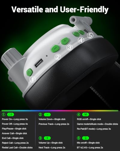 Krysenix Wireless Gaming Headset with Mic for PS5 & PC - White | 50mm Titanium Drivers,Low Latency, 2.4GHz & Bluetooth,Noise-Cancelling Mic,1200 mAh Battery,Foldable,Ideal for FPS,RPG - color: White