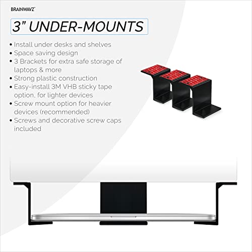 BRAINWAVZ 3” Under Desk Laptop & Device Holder Mount, Adhesive & Screw in, Devices Upto 3" - Small Computers Laptops MacBook Surface Keyboard Routers Modems Cable Box Network Switch & More (Black) - color: Black
