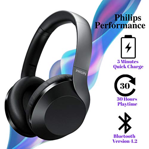 Philips PH802 Wireless Bluetooth Over-Ear Headphones Noise Isolation Stereo with Hi-Res Audio, up to 30 Hours Playtime with Rapid Charge (TAPH802BK) - style: Echo Cancellation | 30 hrs batt