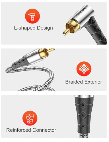 VANAUX Subwoofer Cable 90 Degree RCA to RCA Audio Stereo Cable Male to Male 24K Gold Plated Connector Nylon Braided Double Shielded Clean Sounding Signal Silver/3ft/1m - color: 90°Design RCA, size: Silver-3FT/1M