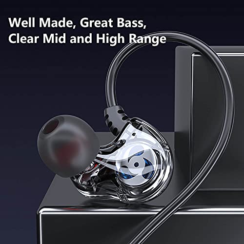Dual Driver Wired Headphones 3.5mm Jack Earphones Plug in Ear Buds | Extra bass earbuds, wrap around over ear, hifi, microphone, hook, sport, running, aux, braided cable, noise isolation, cord