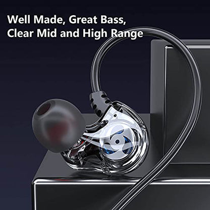 Dual Driver Wired Headphones 3.5mm Jack Earphones Plug in Ear Buds | Extra bass earbuds, wrap around over ear, hifi, microphone, hook, sport, running, aux, braided cable, noise isolation, cord