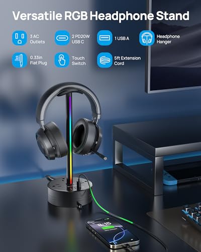 TROND Headphone Stand with PD 20W USB C Charger, RGB Gaming Headset Holder | 3 AC Outlets Extension, 5ft Retractable Power Strip Suitable for Gamer Desktop Table Game Earphone Accessories Gift