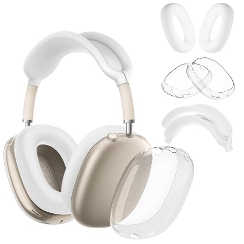 4 in 1 Case Cover for AirPods Max 2/1 (White) | Headband/Ear Cups/Ear Pads Cover, All-Round Protection Soft Silicone and Clear TPU Headphone Case for AirPods Max 2 - color: Clear White