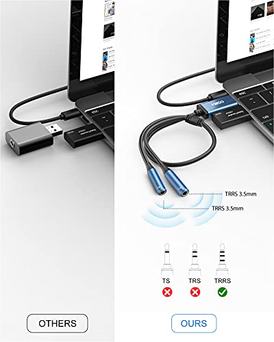 MillSO USB to Dual 3.5mm Audio Jack Adapter, Sapphire Blue TRRS External Stereo Sound Card Headphone Stereo Jack Splitter for Two Headphones, Speakers to a PC, Laptop, Desktop, PS4, PS5-1 Feet - color: USB to 2 x 3.5mm TRRS Audio Splitter