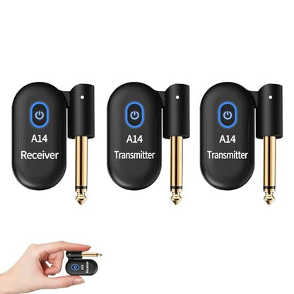 A14 Wireless Guitar System, 2.4GHz Rechargeable Transmitter Receiver, 24-bit 48KHz Audio, 100ft Range, Plug and Play, Compatible with Electric Guitar & Bass Accessories (2TX+1RX) - color: 2TX+1RX