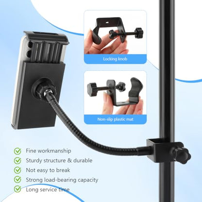 Flexible Phone Holder for Mic Stand, Adjustable Mic Stand Cell Phone Clip with 9" Long Flexible Gooseneck Arm for 4.72"-7.09" Mobile Phones and Tablets