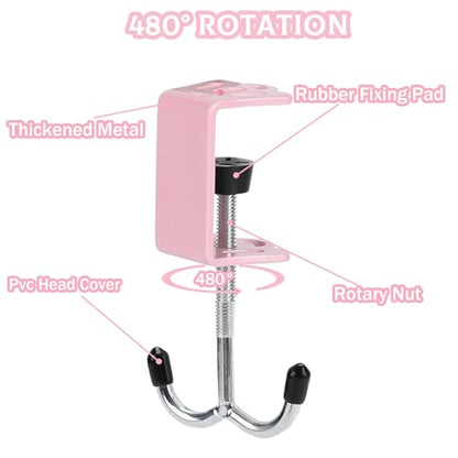 2Pcs Adjustable Purse Hooks Multi-Use Purse Hanger for Table & Desk | 100Ib Capacity Heavy-Duty Alloy Backpack Hanger for Handbag, Headphone, Umbrellas, Space-Saving Desk Organizer (Blue & Pink)