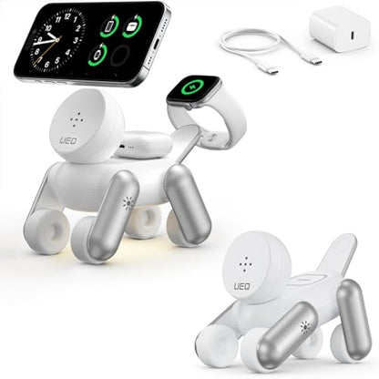 UEQ 3 in 1 Wireless Charging Station for Apple Devices,Foldable Cute Magnetic Mag-Safe Wireless Charger Stand with Night Light for iPhone 17 Air 16 15 14 13 12 Series,AirPods 4 3 2 Pro,Apple Watch - color: White
